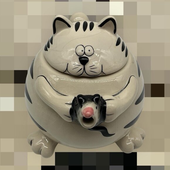 Pier 1 Imports Teapot Chubby Black & White Striped Cat Holding a Mouse as Spout - Picture 5 of 16